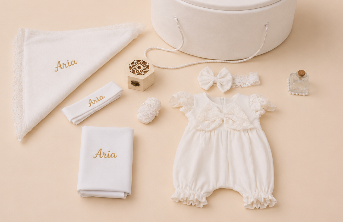 Set trusou botez bumbac și salopeta Chloe