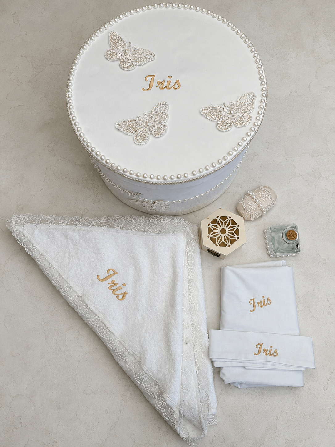 Set botez Anelisse cufăr și trusou bumbac